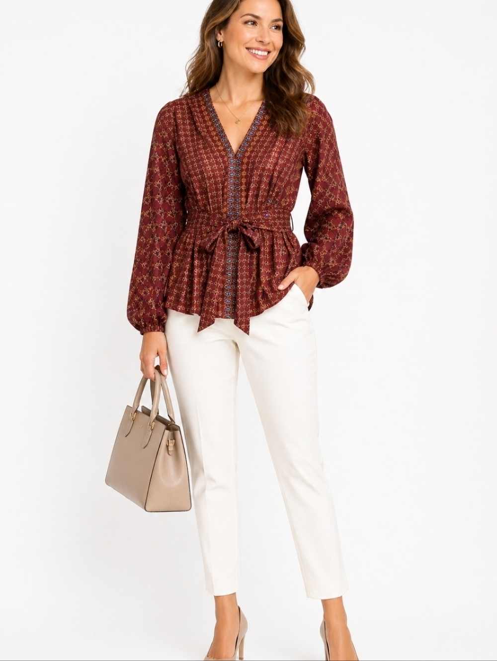 Max Studio Maroon Floral Geometric Print Tie-Waist Peplum Blouse M Travel Office